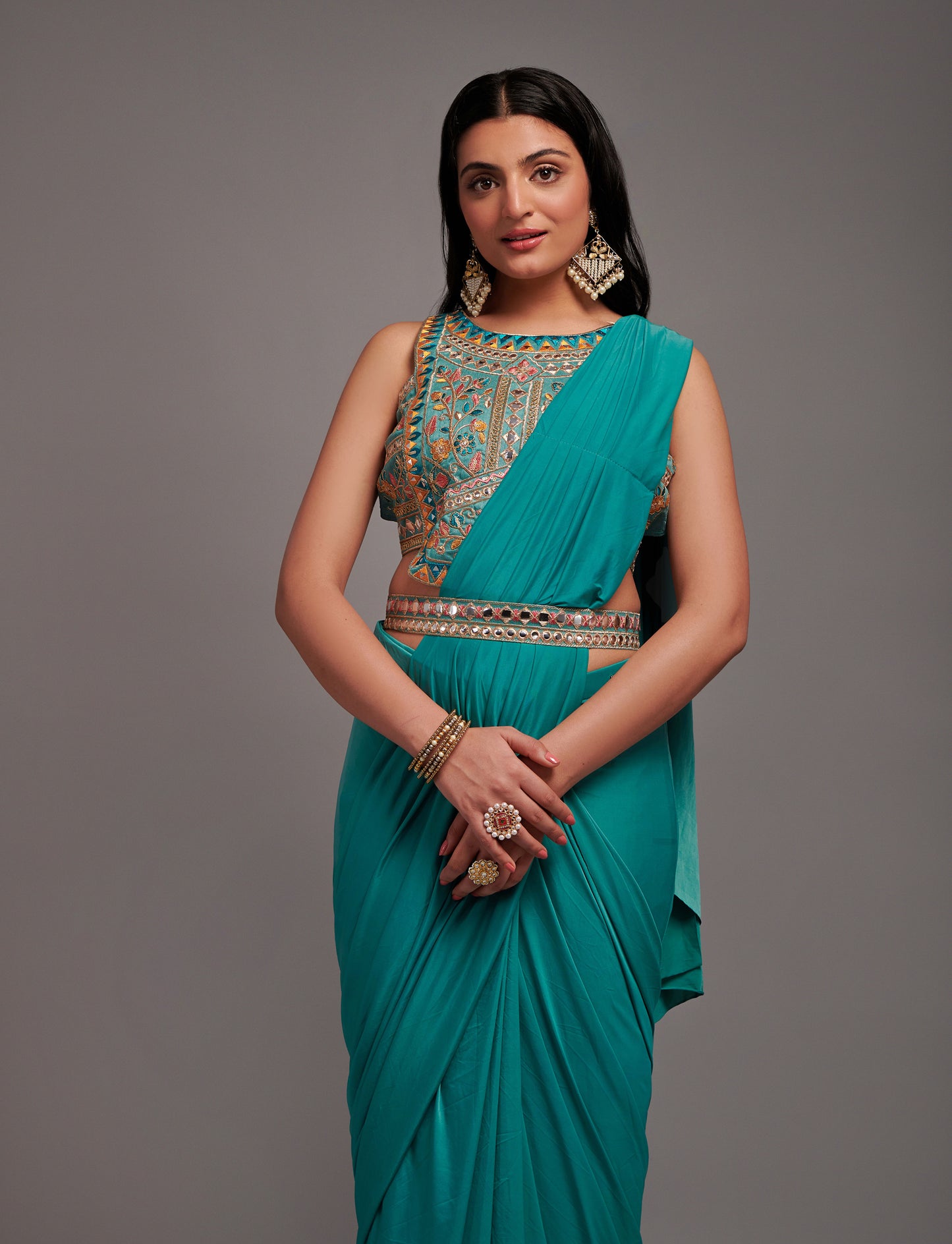 Rama Color 1 Minutes Ready To Wear Silk Saree