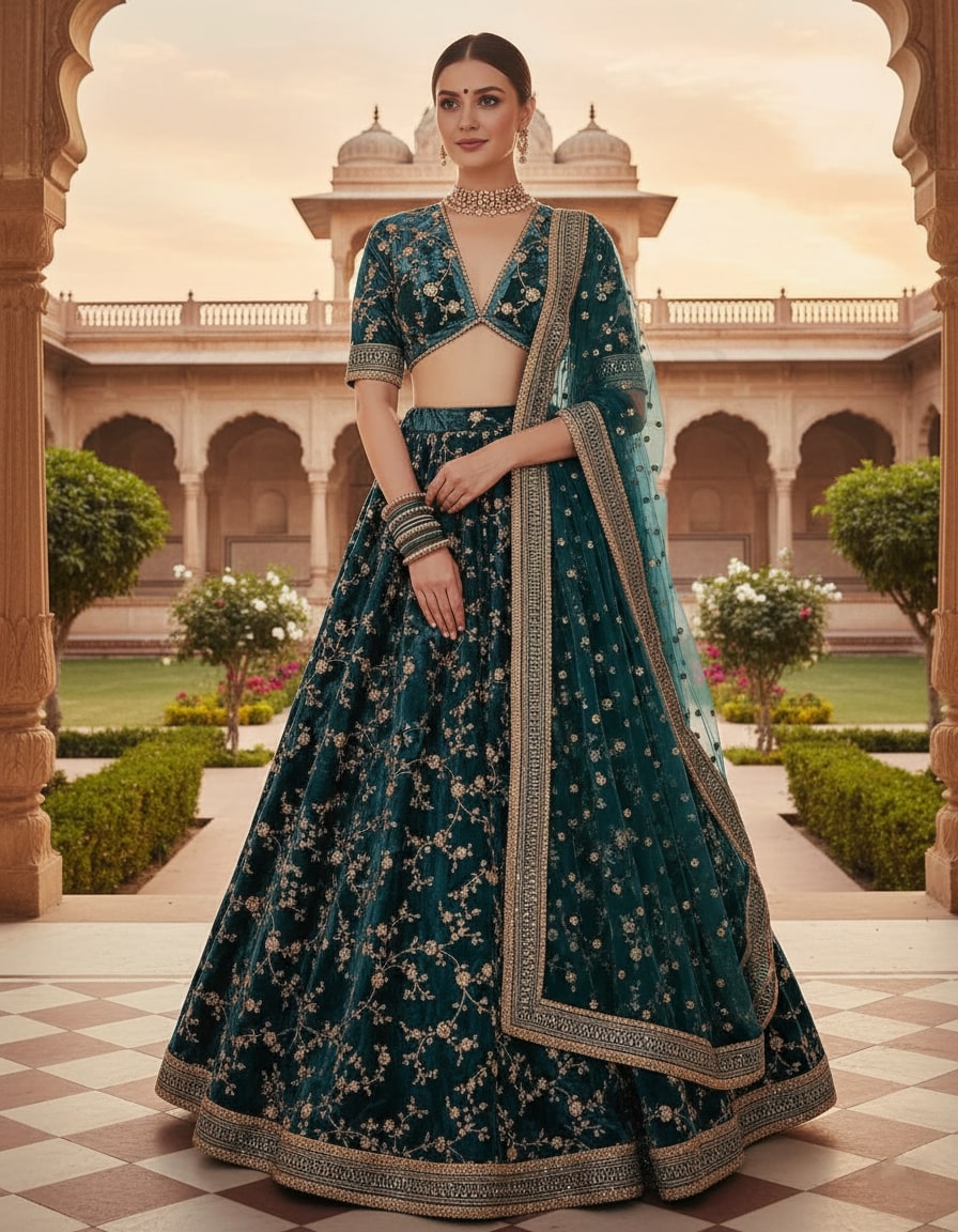 Green Color Velvet Designer Embroidery Lehenga Choli