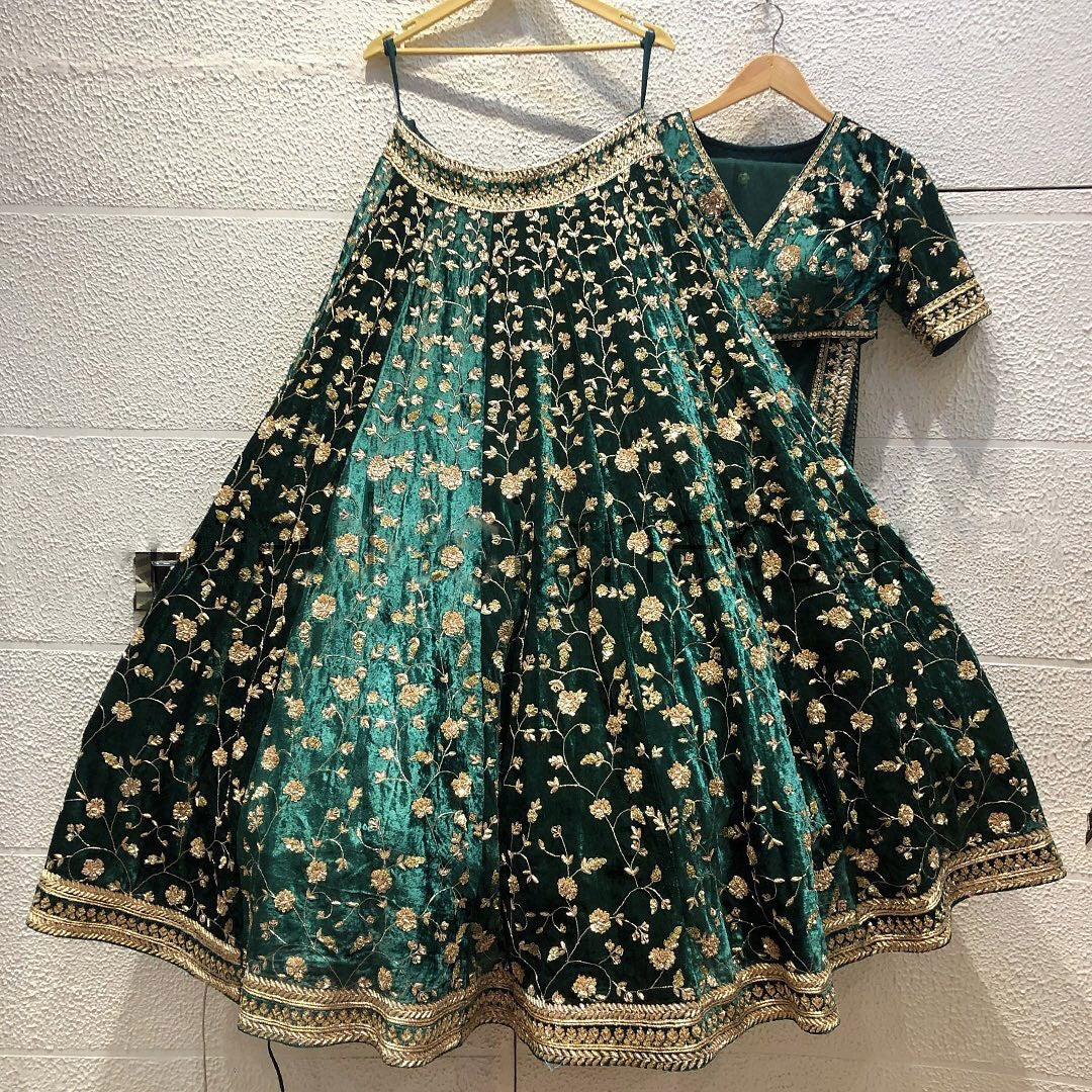Green Color Velvet Designer Embroidery Lehenga Choli