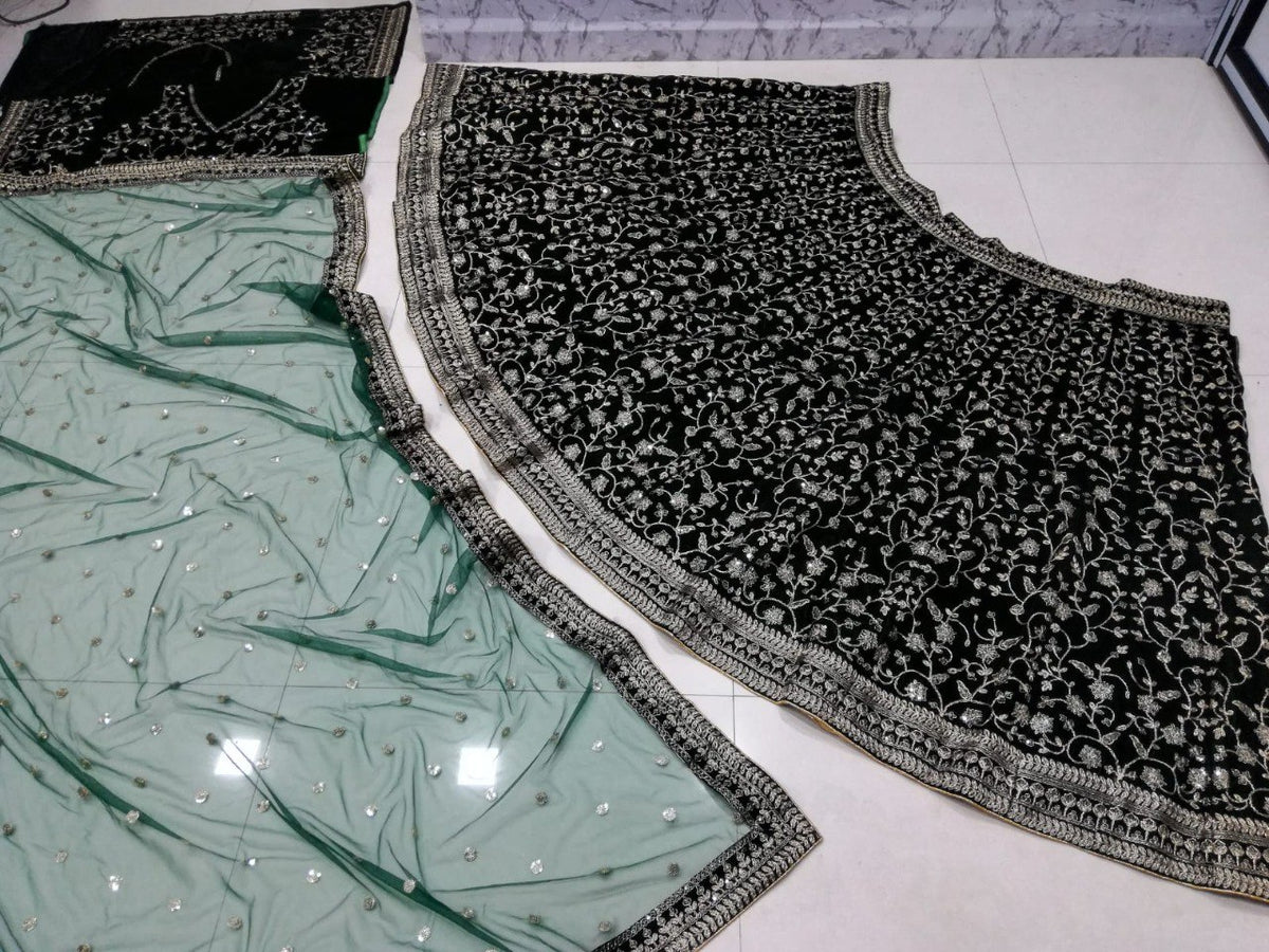 Green Color Velvet Designer Embroidery Lehenga Choli