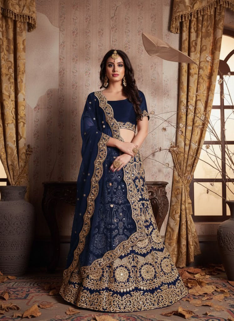 Blue Color Wedding Wear Designer VelvetLehenga Choli