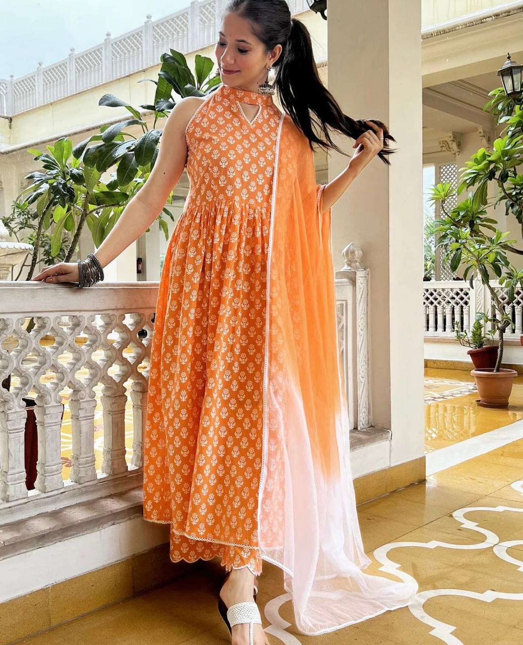 New Anarkali kurta set with new style in blockprint - Joshindia