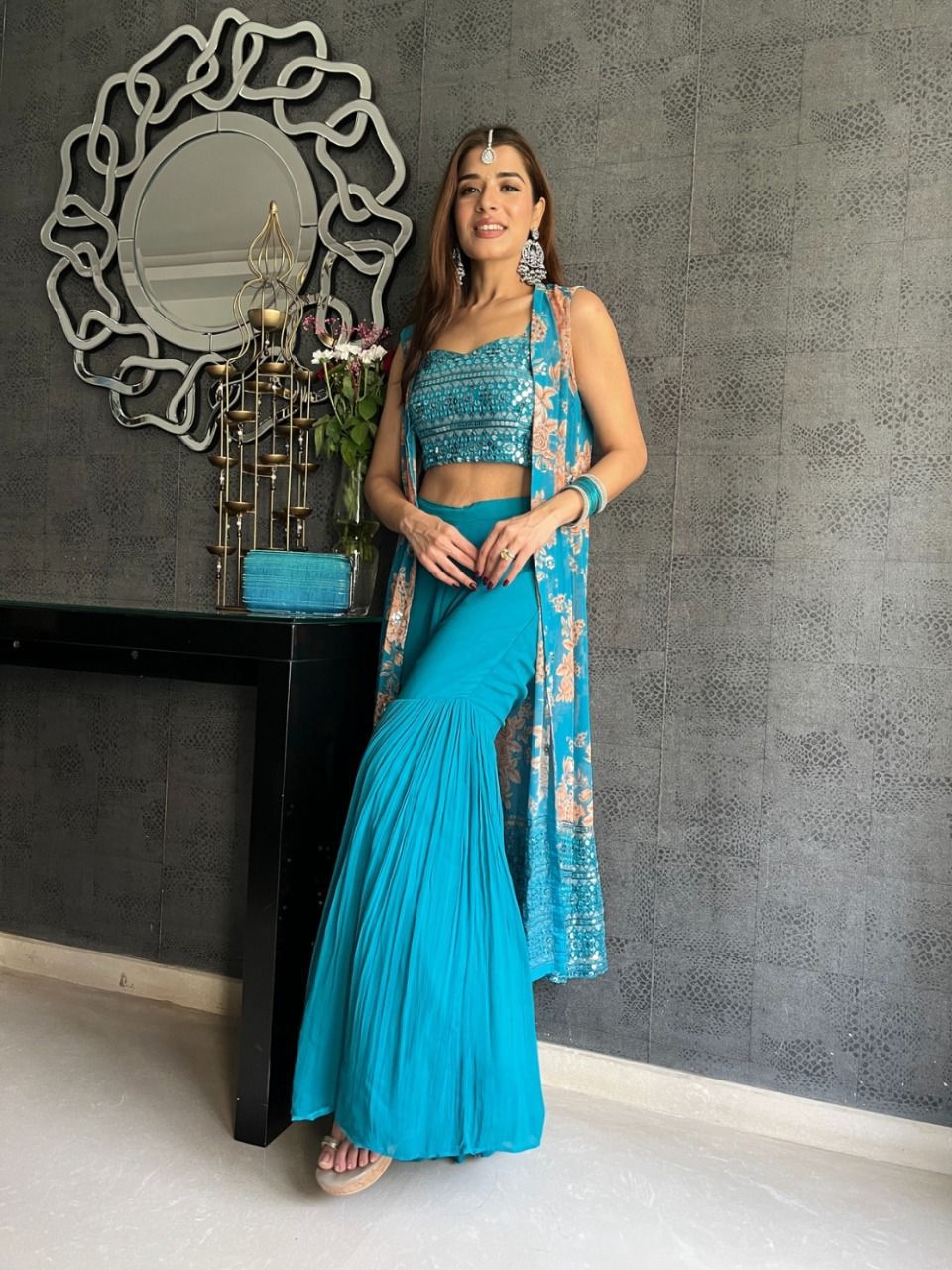Sky Blue Crop Top Sharara With Shrug - Joshindia