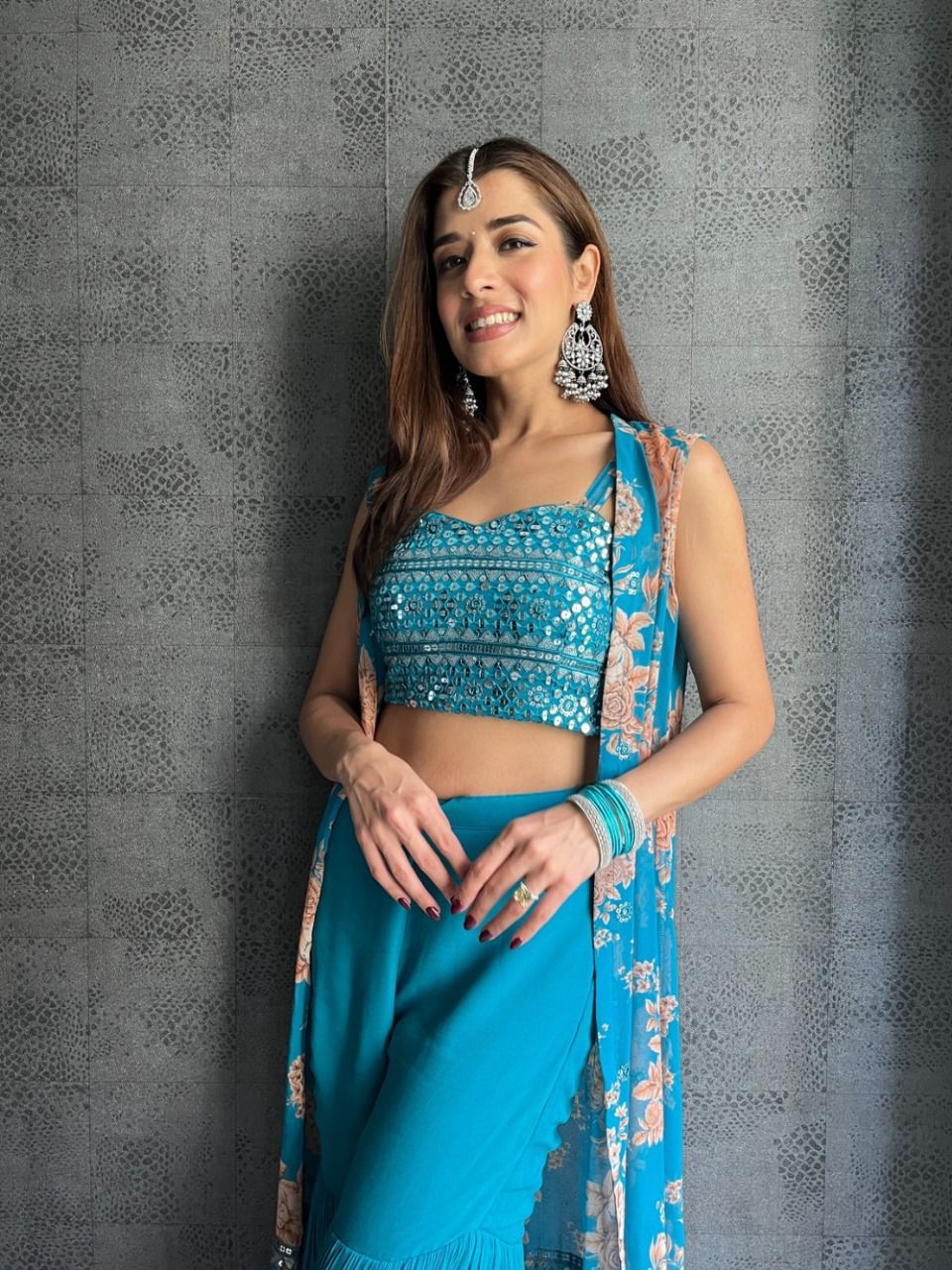 Sky Blue Crop Top Sharara With Shrug - Joshindia