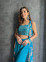 Sky Blue Crop Top Sharara With Shrug - Joshindia