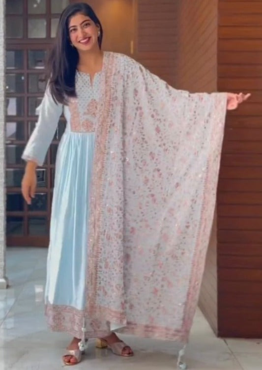 Sky Blue Kurta Set With Dupatta - Joshindia