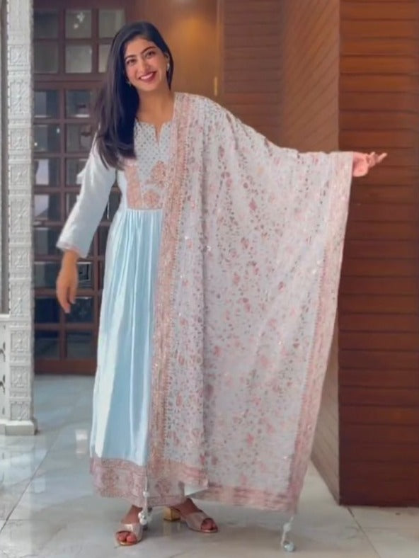 Sky Blue Kurta Set With Dupatta - Joshindia