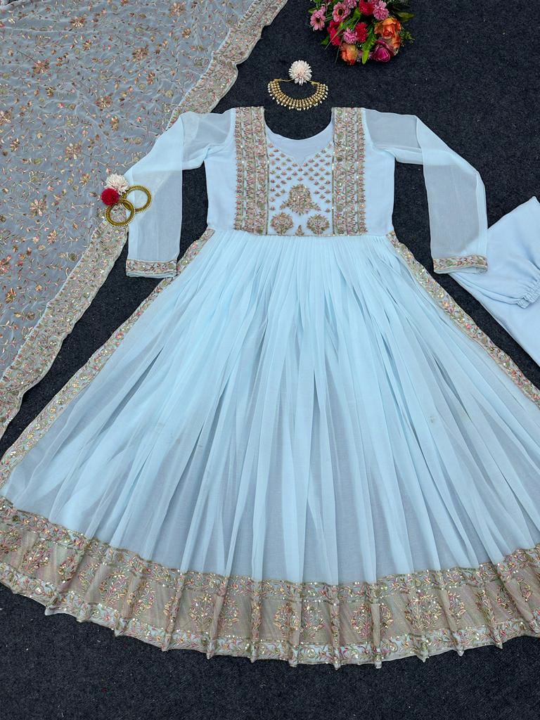 Sky Blue Kurta Set With Dupatta - Joshindia