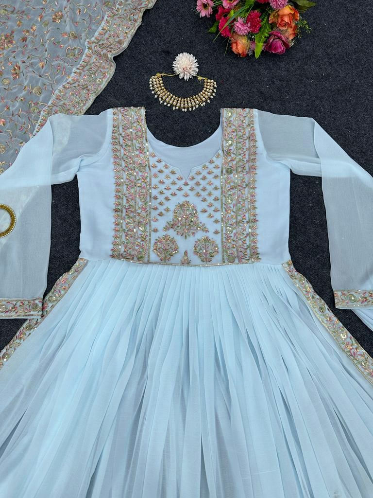 Sky Blue Kurta Set With Dupatta - Joshindia