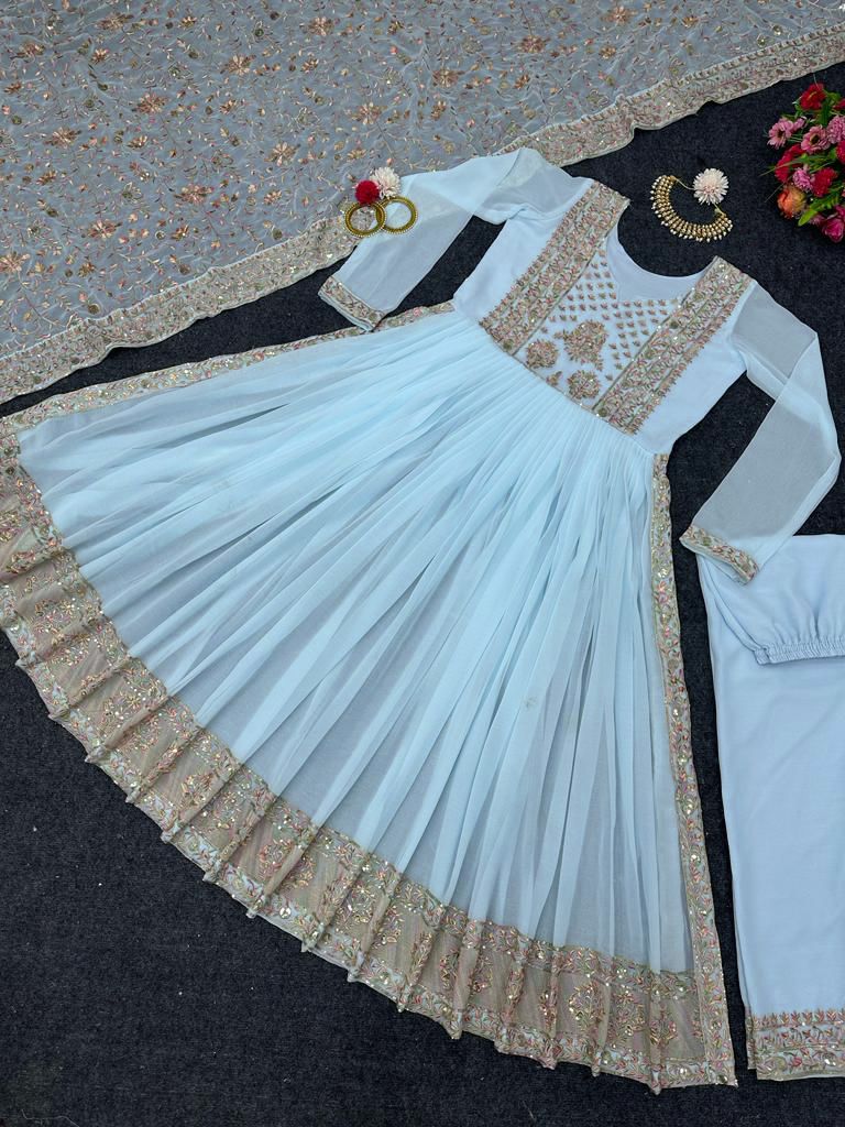 Sky Blue Kurta Set With Dupatta - Joshindia
