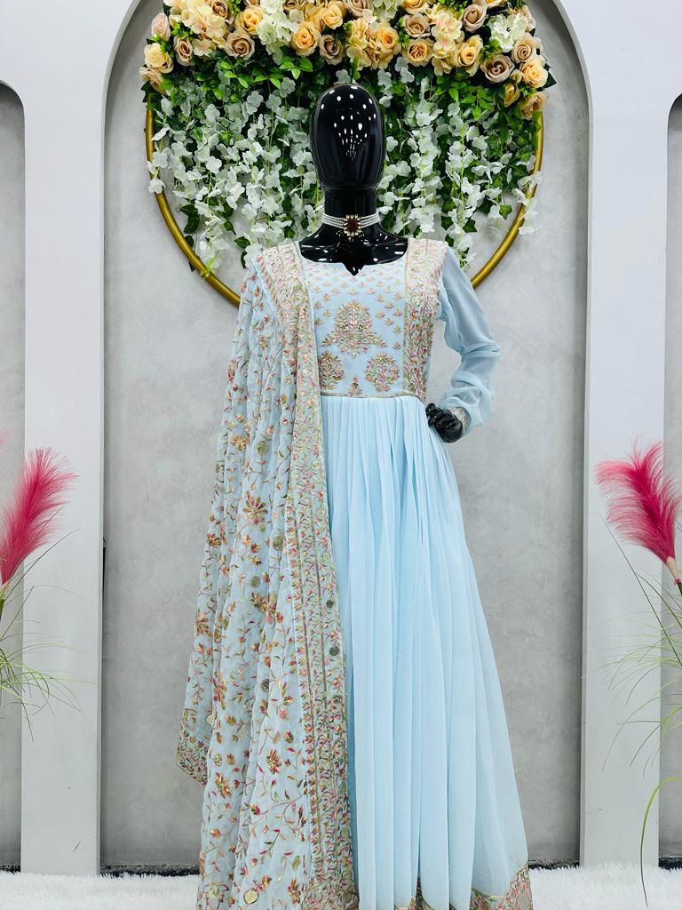 Sky Blue Kurta Set With Dupatta - Joshindia