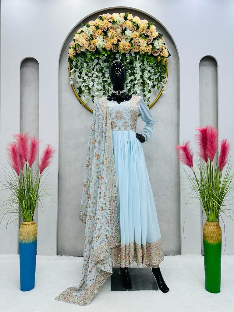Sky Blue Kurta Set With Dupatta - Joshindia