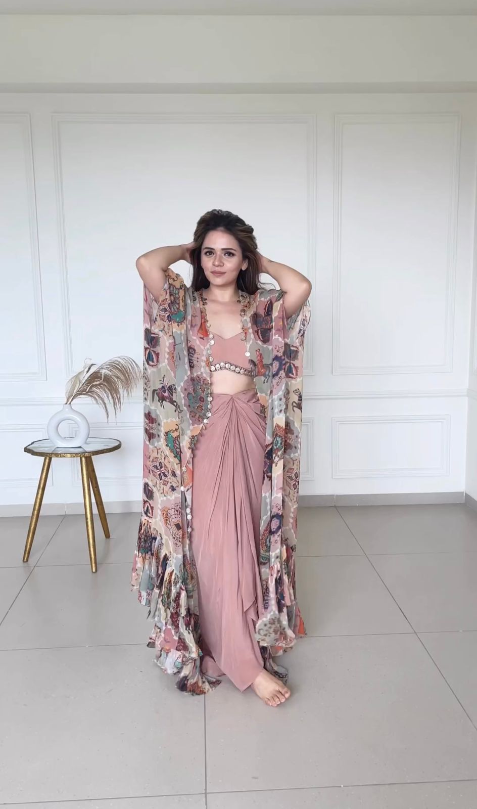 Pink Dhoti Pant with Crop Top and Shrug