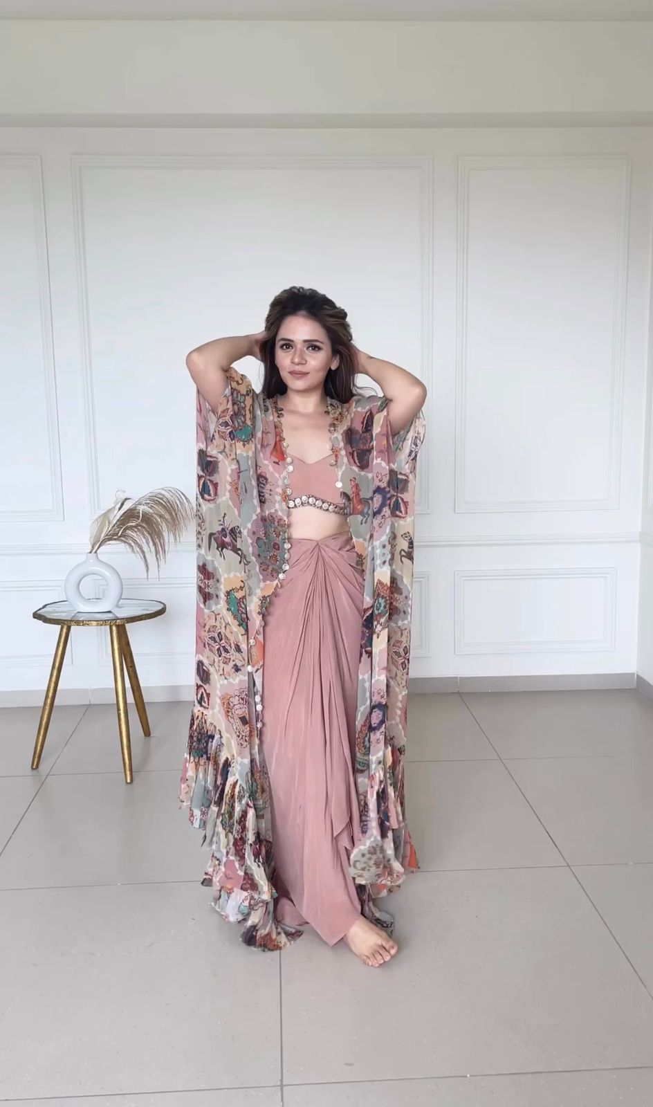 Pink Dhoti Pant with Crop Top and Shrug - Joshindia