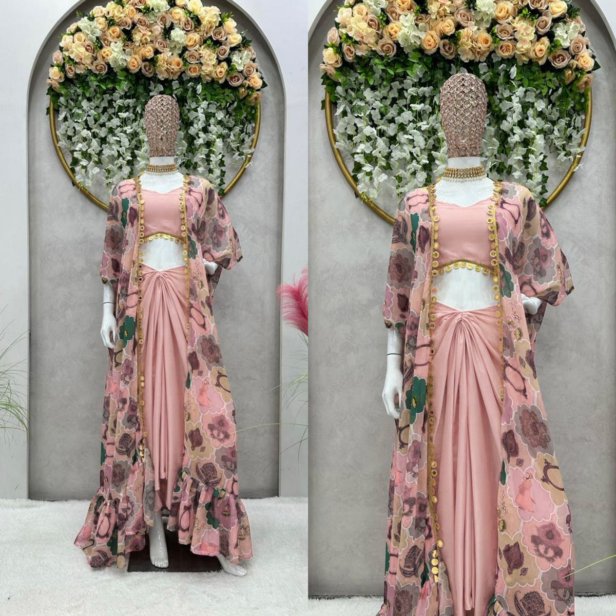 Pink Dhoti Pant with Crop Top and Shrug - Joshindia
