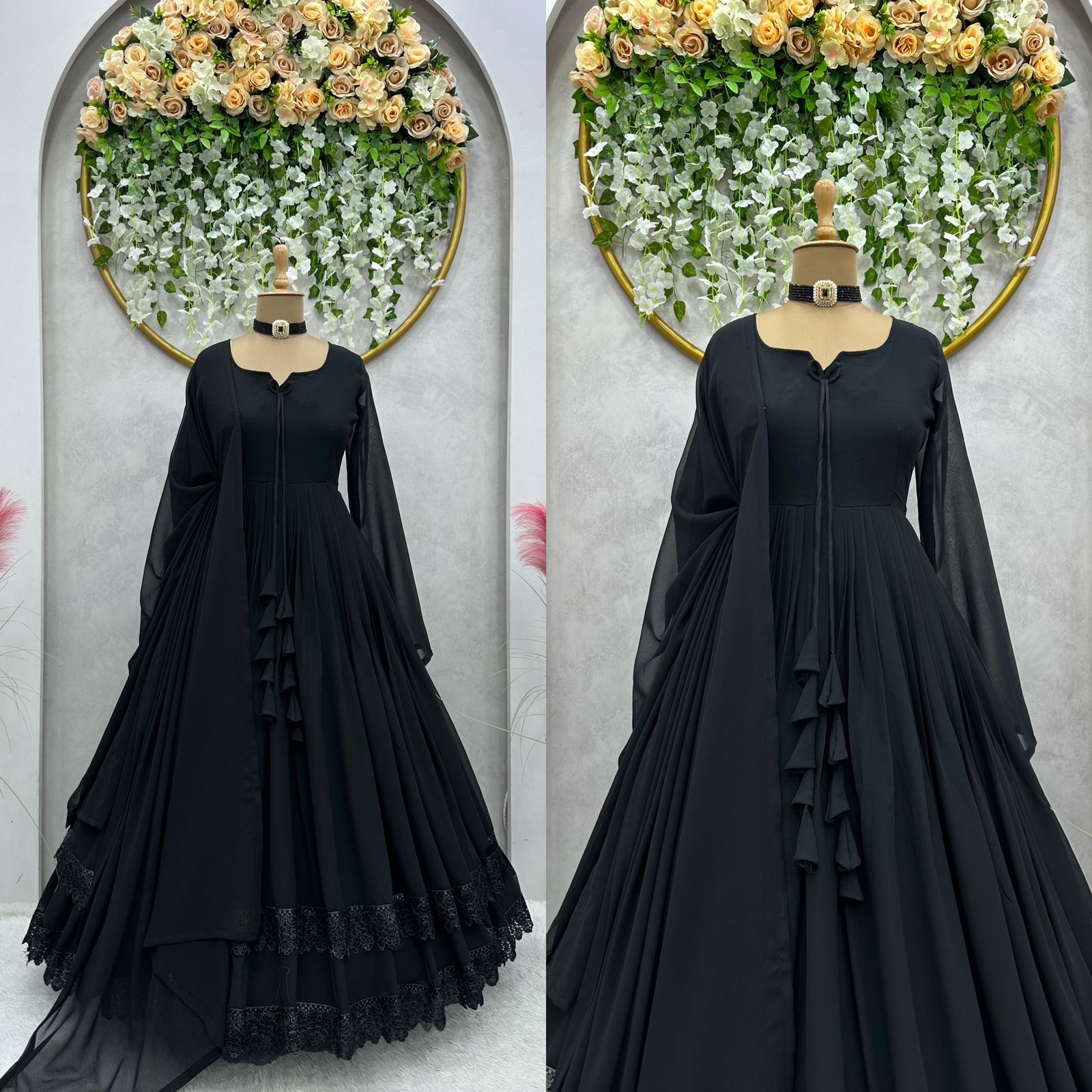 Seren Long Sleeve V-Neck Gown – Black | Needle & Thread