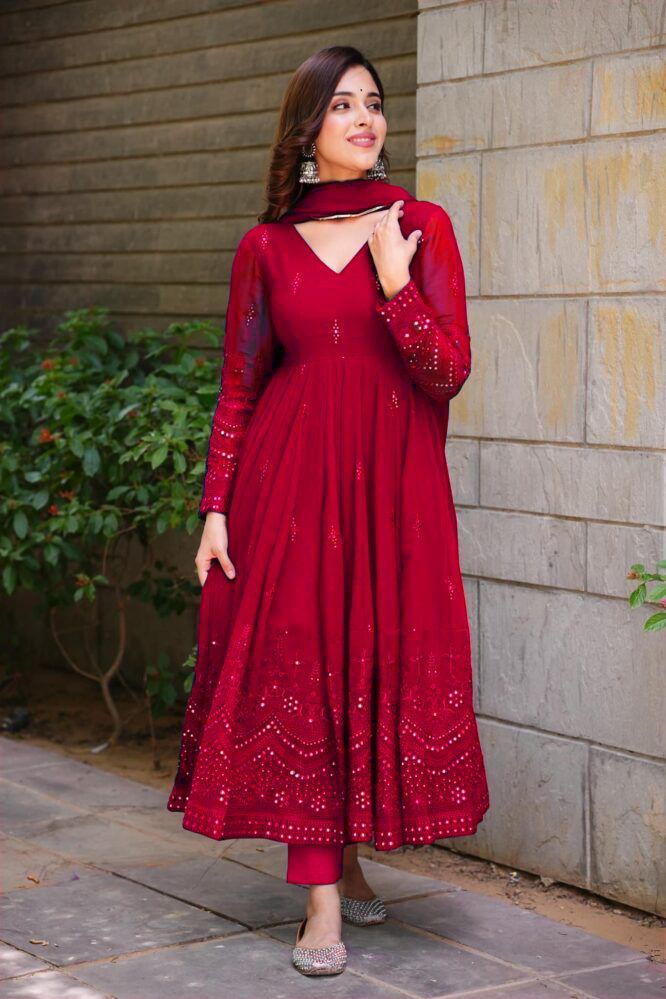 Ada Hand Embroidered Red Cotton Lucknow Chikan Women Kurti - A100362 - Ada  - 3287410