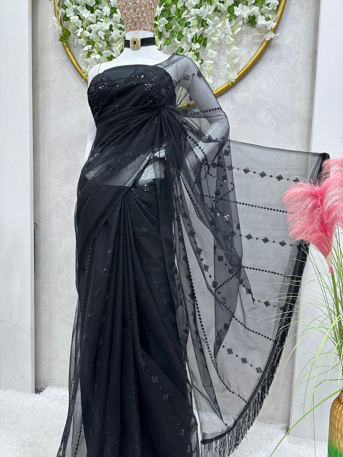 Black color beautiful Designer Soft Net Fabric Saree - Joshindia