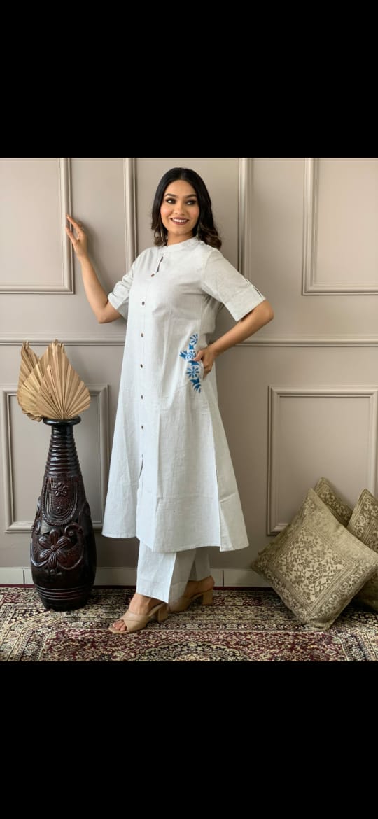 Amazing White Cotton A Line Kurta Set with Pockets - Joshindia