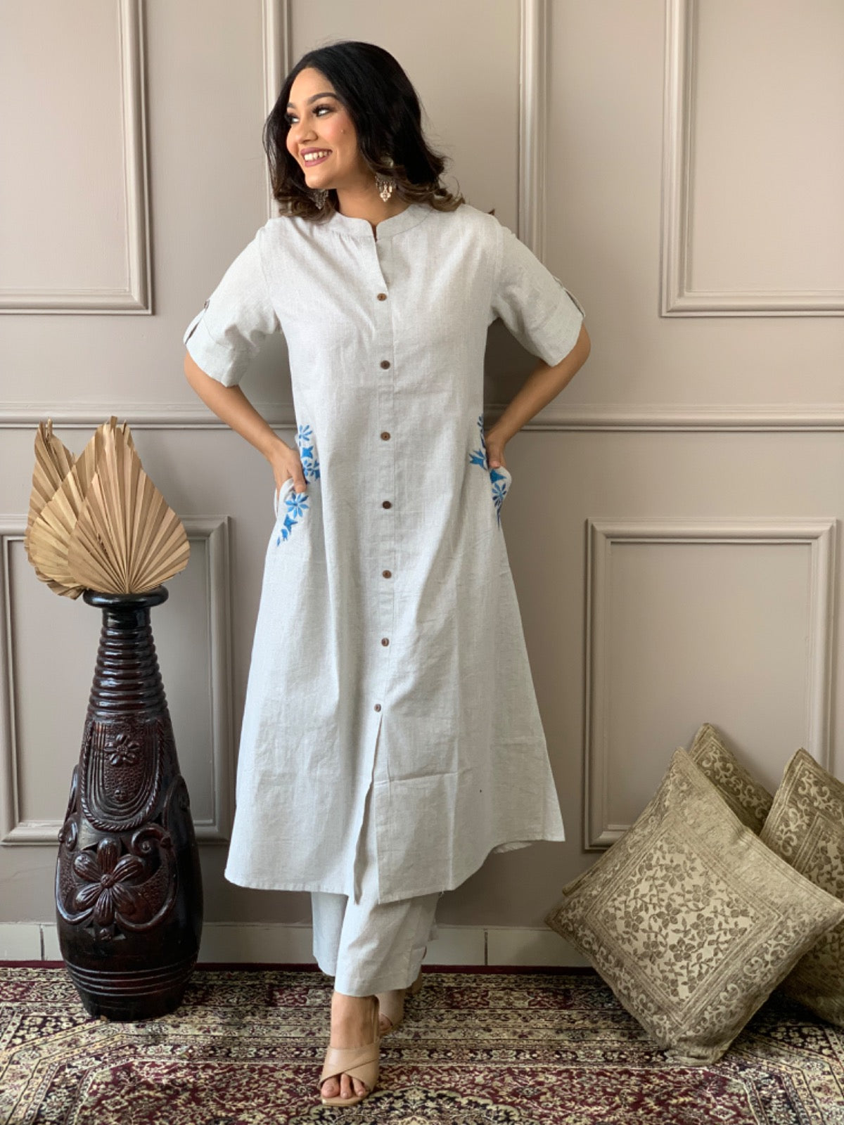 Amazing White Cotton A Line Kurta Set with Pockets - Joshindia