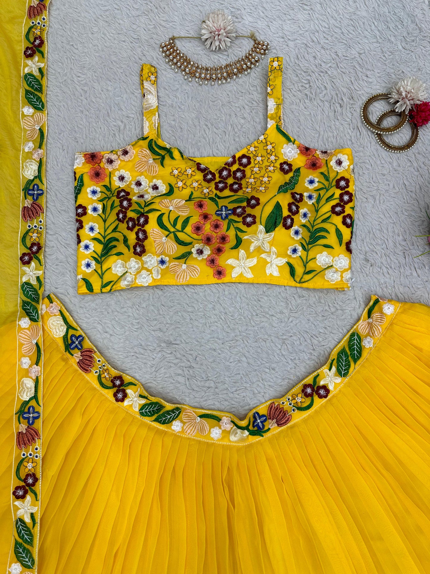 Buy Now the Latest Yellow Thread Embroidery Lehenga Choli