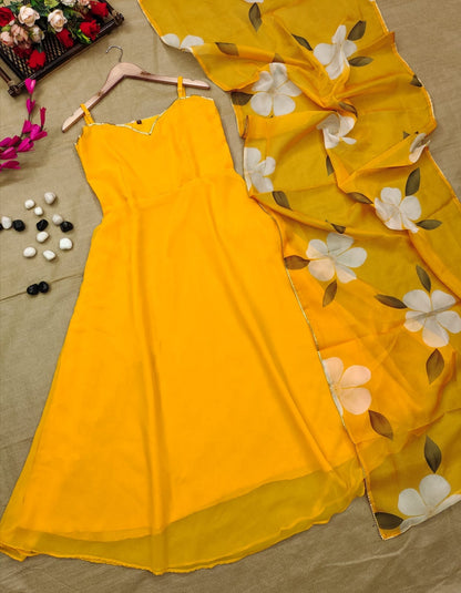Buy Yellow Plain Suit With Floral Dupatta