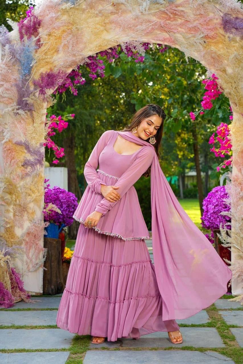 Lavender light georgette sharara set - Joshindia
