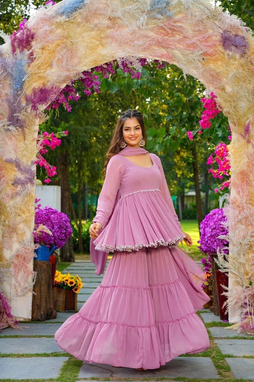 Lavender light georgette sharara set - Joshindia