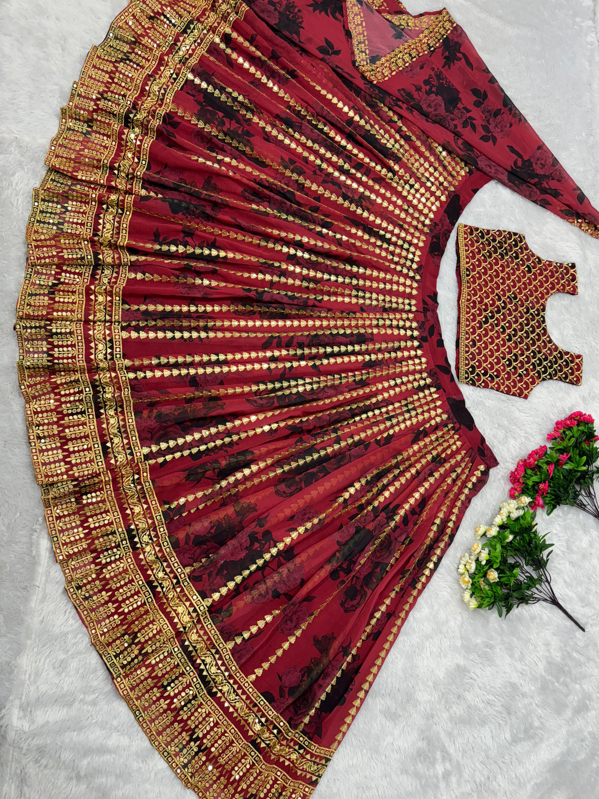 BRIDAL WEAR HEAVY FUAX GEORGETTE EMBROIDERED SEQUENCE WORK LEHENGAS CHOLI WITH DUPATTA - Joshindia