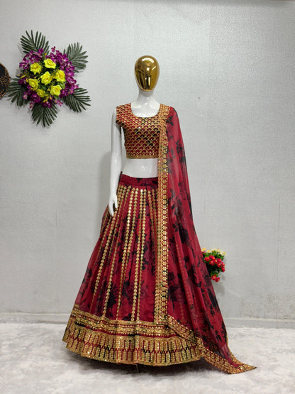 BRIDAL WEAR HEAVY FUAX GEORGETTE EMBROIDERED SEQUENCE WORK LEHENGAS CHOLI WITH DUPATTA