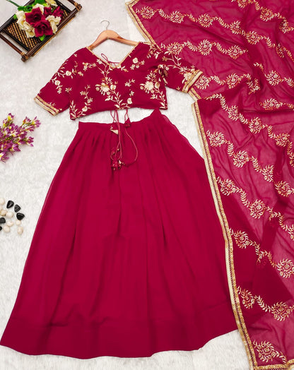 Buy Crimson Red Gota Embroidered Raw Silk Bridal Lehenga