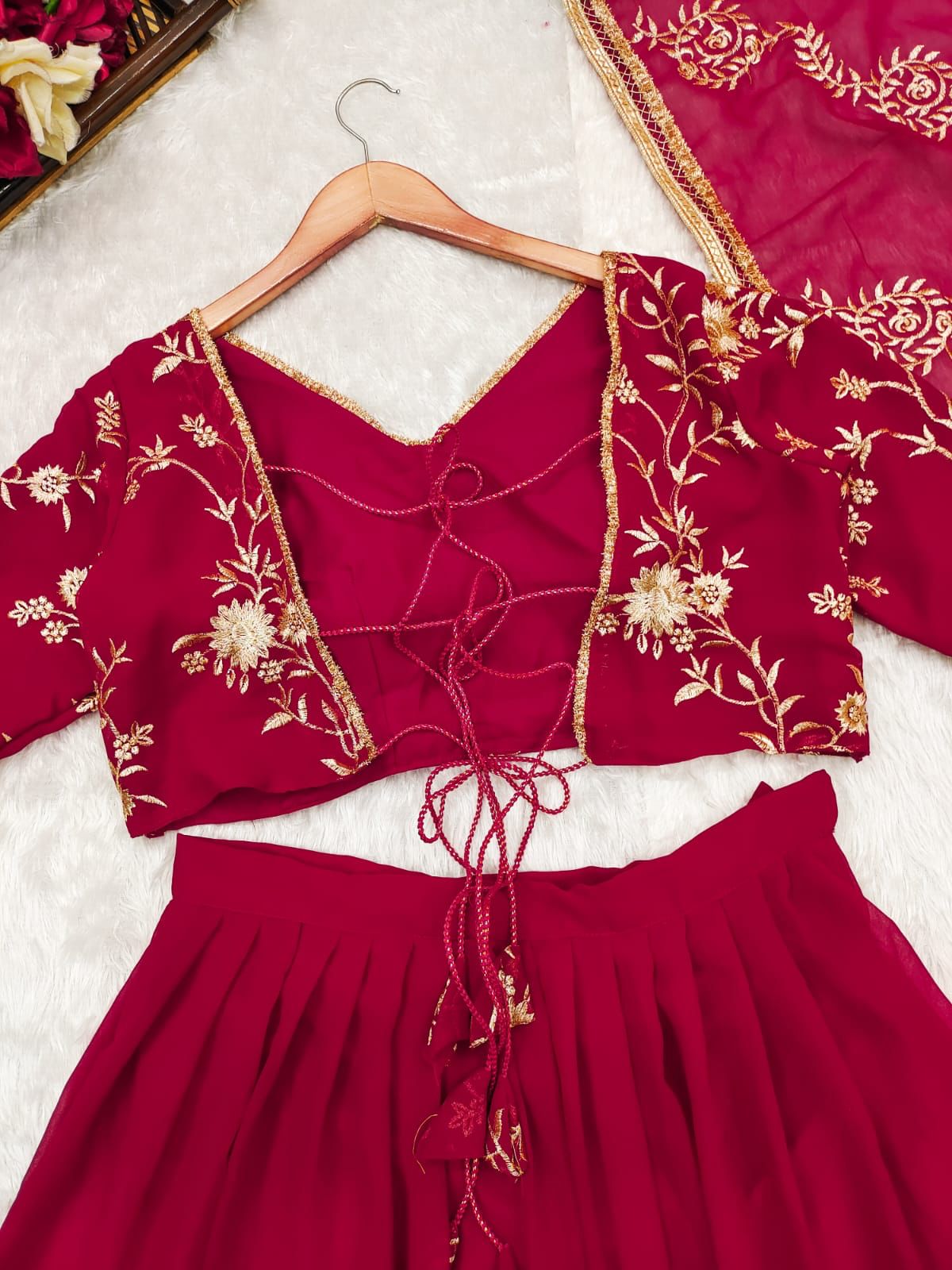 Buy Crimson Red Gota Embroidered Raw Silk Bridal Lehenga