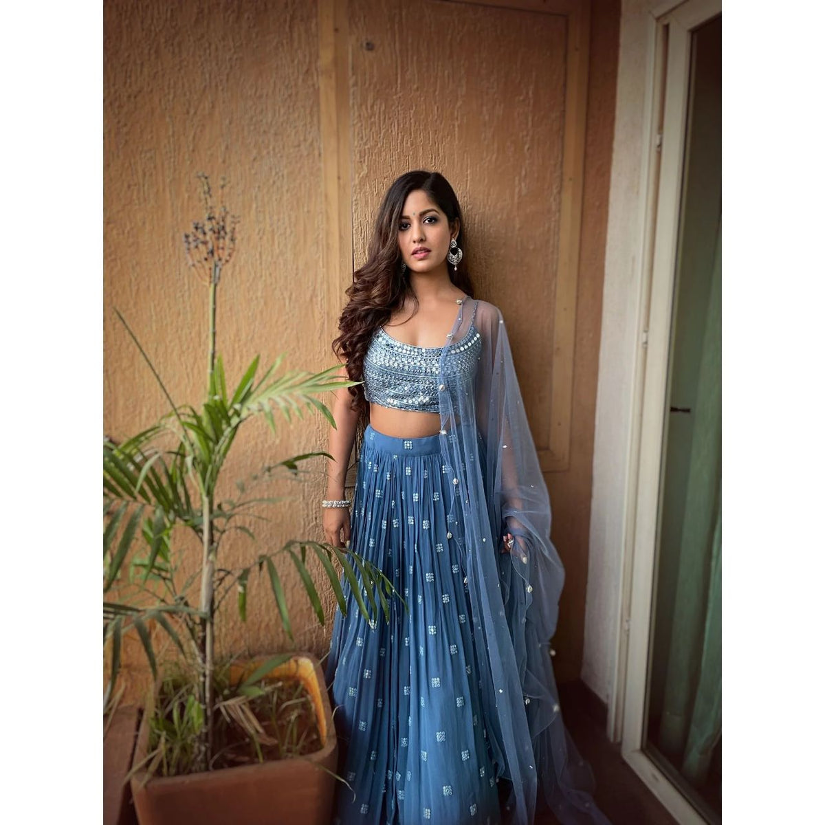 Dark sky blue faux georgette wedding Lehenga choli - Joshindia