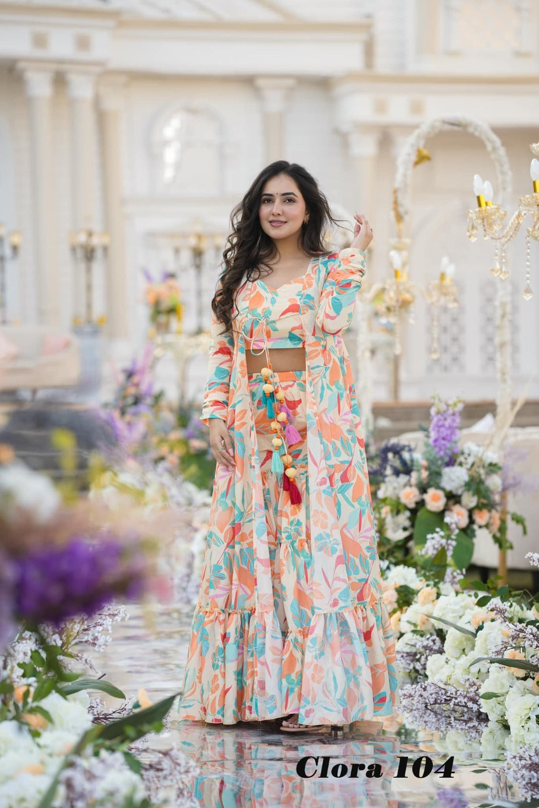 stunning 3 piece koti style indo western suit of printed crop - Joshindia