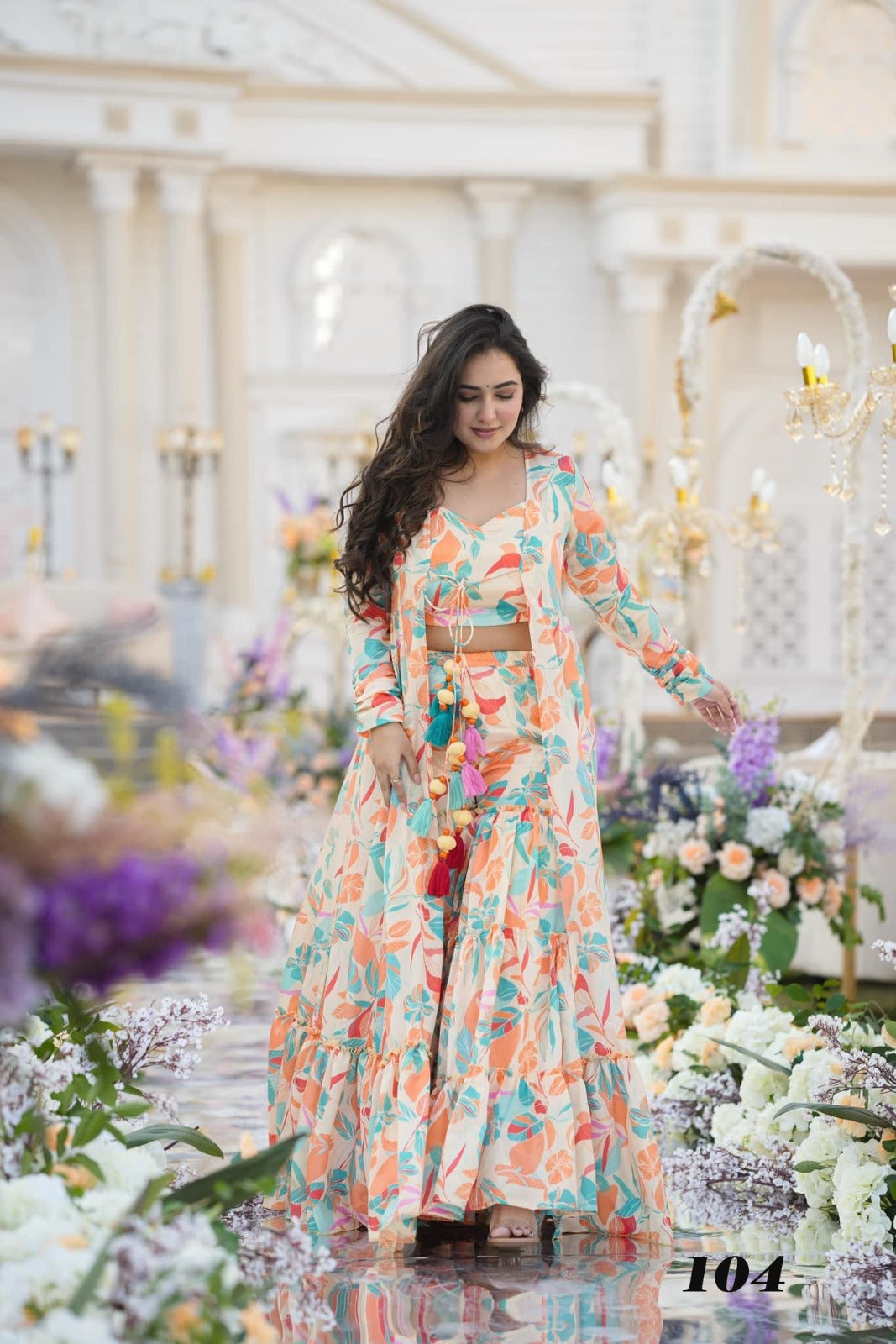 stunning 3 piece koti style indo western suit of printed crop - Joshindia