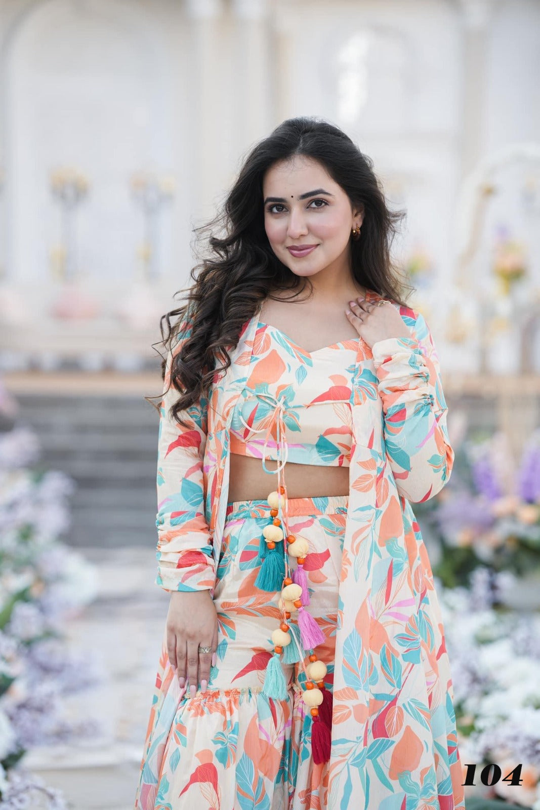 stunning 3 piece koti style indo western suit of printed crop - Joshindia