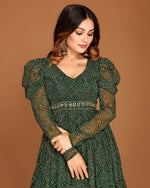 Green Georgette Printed Gown With Fancy Belt - Joshindia