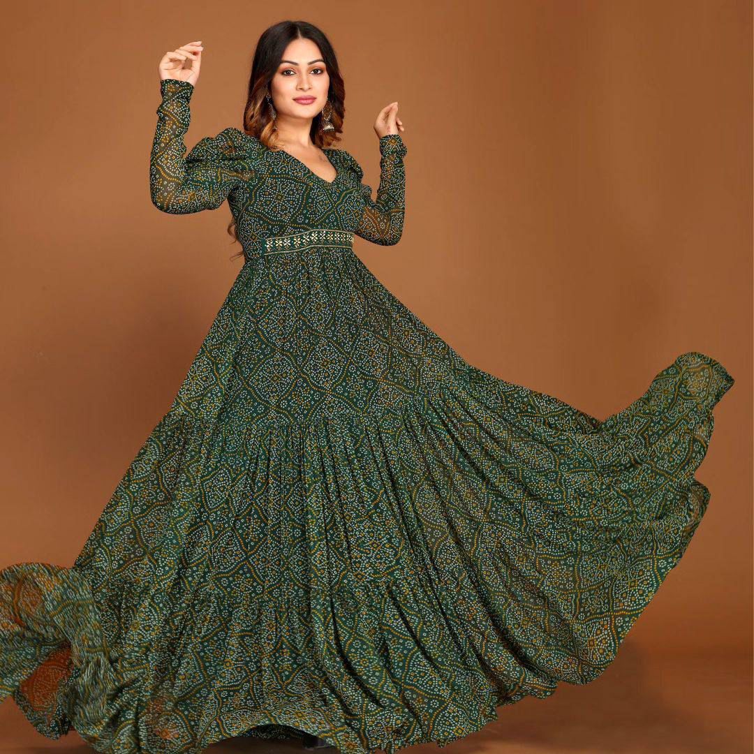 Green Georgette Printed Gown With Fancy Belt