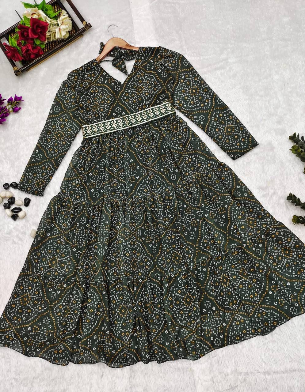 Green Georgette Printed Gown With Fancy Belt - Joshindia