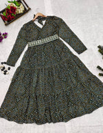 Green Georgette Printed Gown With Fancy Belt - Joshindia