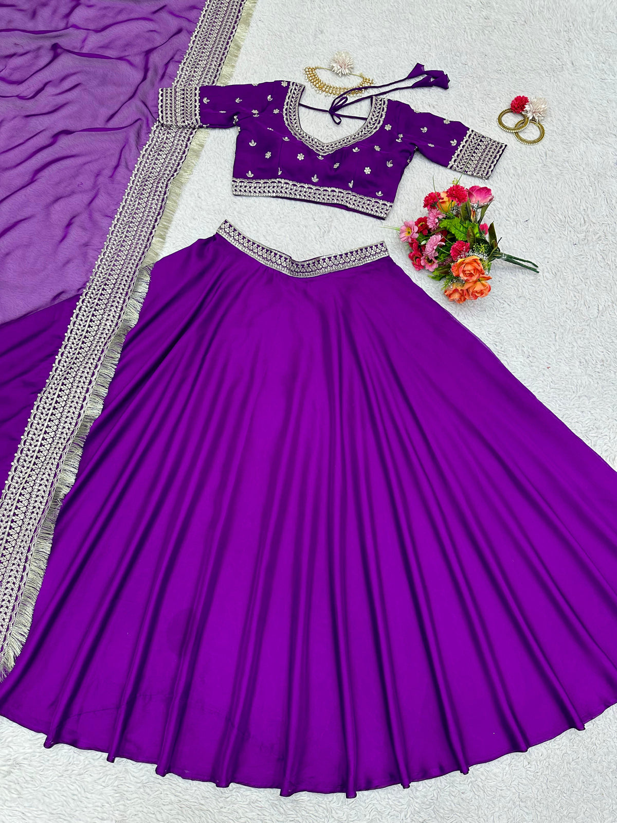 Purple Organza Lehenga With A Heavy Blouse And Dupatta - Joshindia