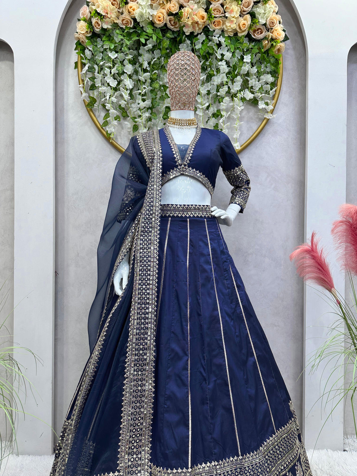 Blue Tapeta silk thread sequence wedding lehenga choli - Joshindia