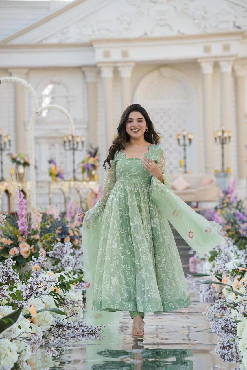 Mint Green Embroidered Suit Set - Joshindia