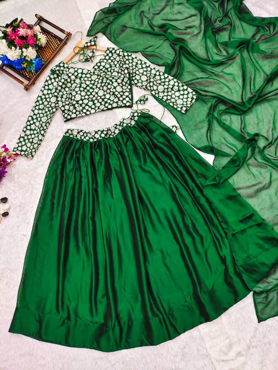 Ivory Lehenga Set With Bottle Green Dupatta - Joshindia