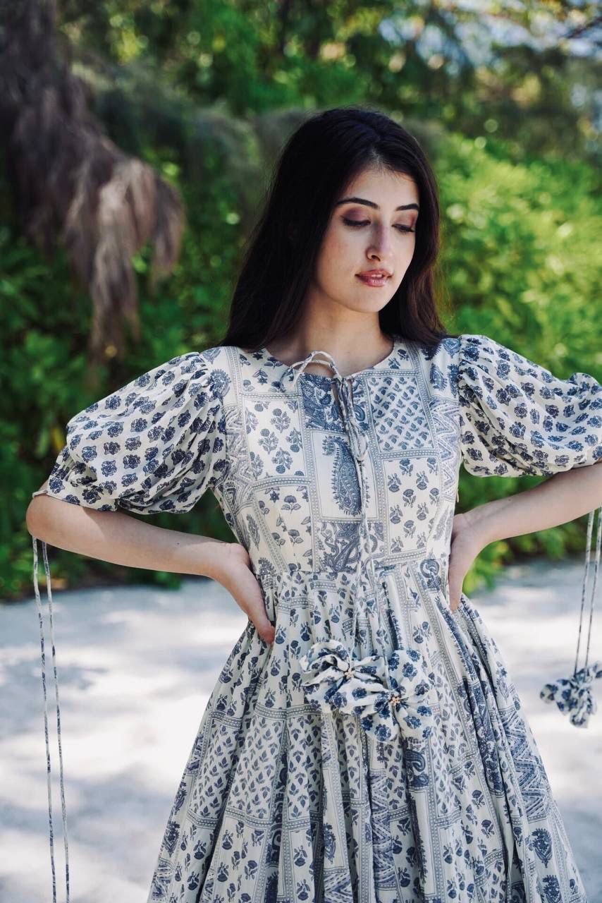 Black And White Abstract Printed A-Line Western Dress - Joshindia