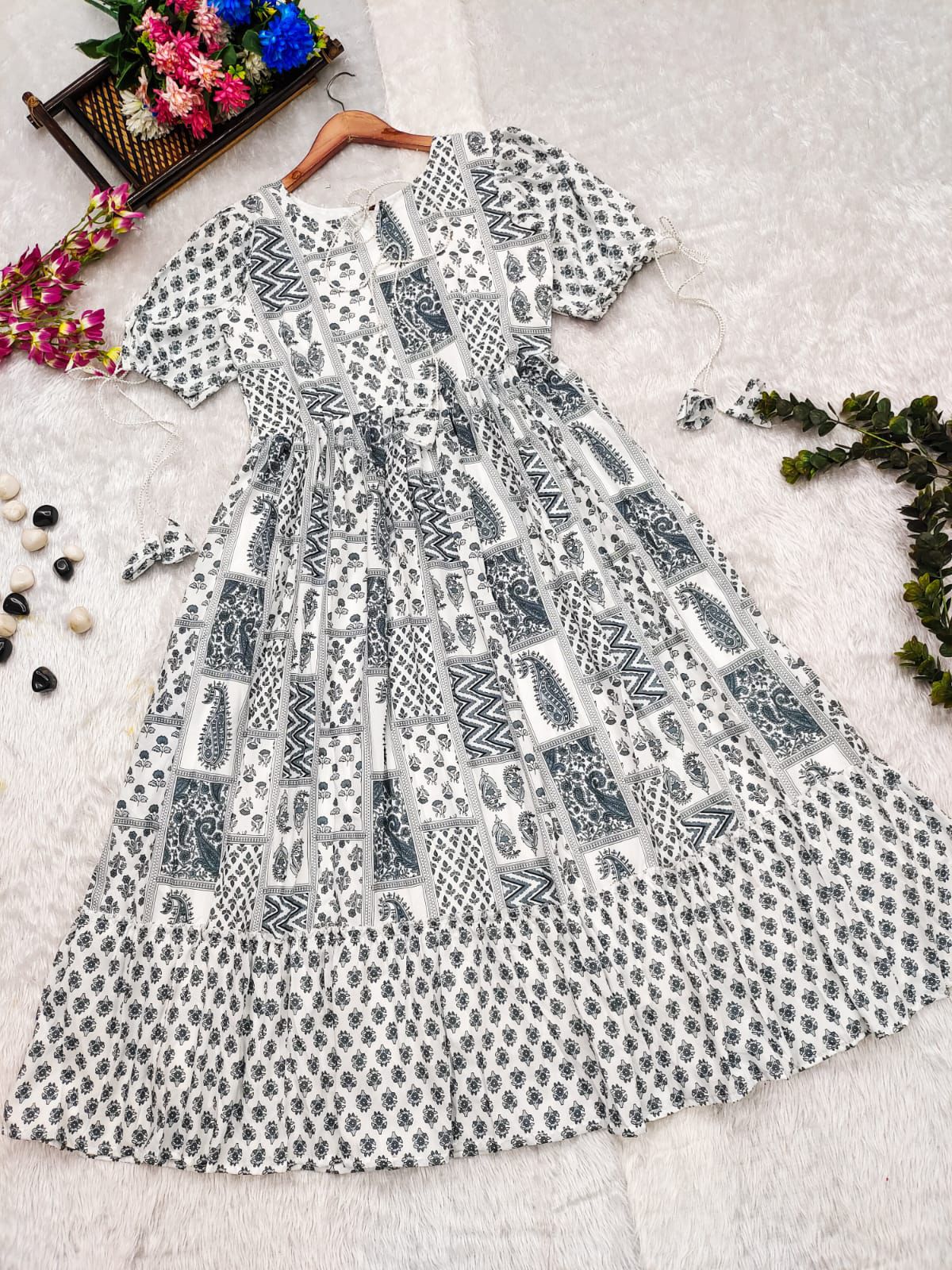 Black And White Abstract Printed A-Line Western Dress - Joshindia