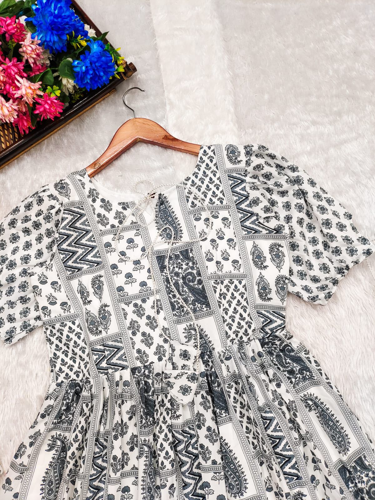 Black And White Abstract Printed A-Line Western Dress - Joshindia