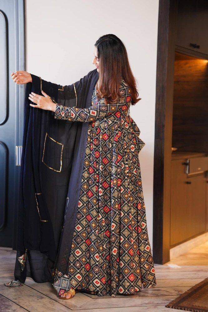 Blue Grey Rayon Anarkali Gown With Dupatta - Joshindia