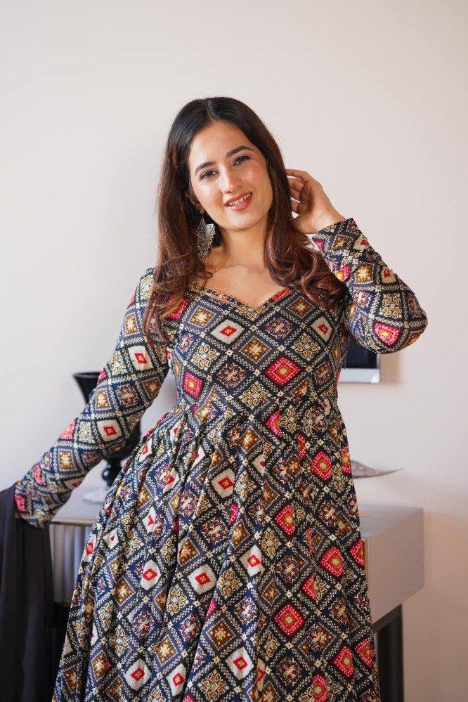 Blue Grey Rayon Anarkali Gown With Dupatta - Joshindia