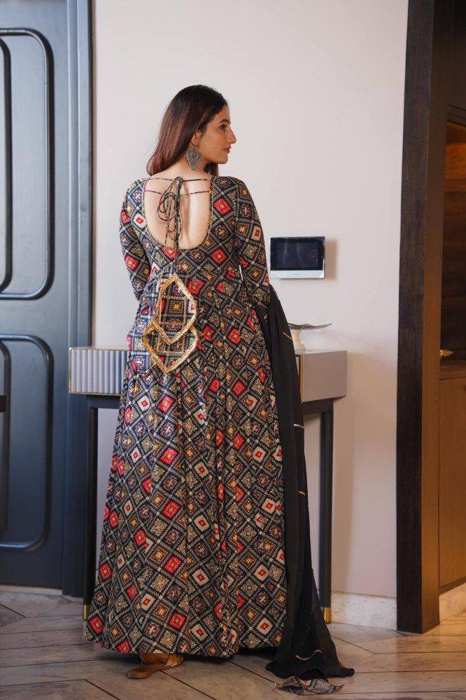 Blue Grey Rayon Anarkali Gown With Dupatta - Joshindia